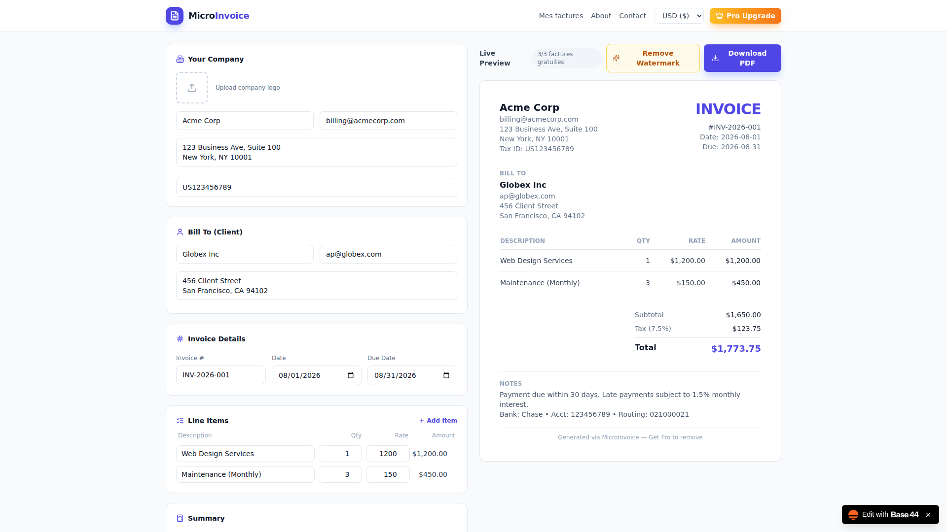 MicroInvoice screenshot